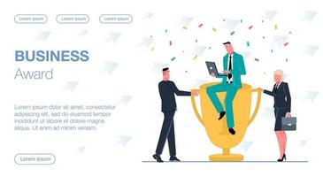 successful businessman won a business award prize and sits on a cup working on a laptop around a team woman with a briefcase and a man are flying confetti vector flat illustration