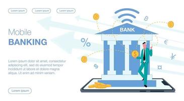 un banco está parado en un teléfono inteligente, un hombre sale de él, usa una aplicación móvil en su teléfono, hay dinero alrededor, el oro vuela, la moneda de las monedas realiza un pago de transacción vector