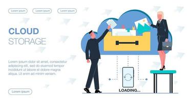 un hombre de negocios exitoso y una mujer de negocios en una silla cargan archivos en el almacenamiento en la nube con documentos sincronizados con la ilustración plana del vector del teléfono