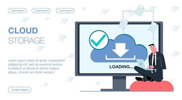 un exitoso hombre de negocios con traje se sienta en una pose de loto en un cojín con una computadora portátil y carga archivos en el almacenamiento en la nube con documentos vectoriales ilustración plana vector