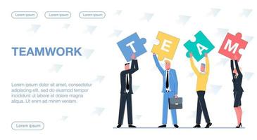 Successful business team in suits holding puzzles with letters written on them showing successful teamwork vector flat illustration