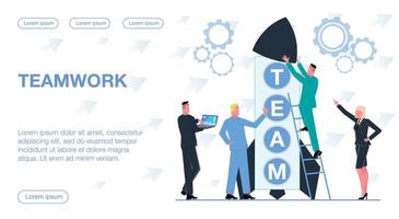 successful business team in suits together build a rocket out of letters showing successful teamwork and business growth businessman works on a laptop businesswoman commands the process vector