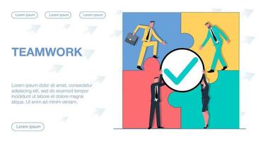 equipo de negocios exitoso en trajes pone rompecabezas juntos mostrando ilustración plana de vector de trabajo en equipo exitoso