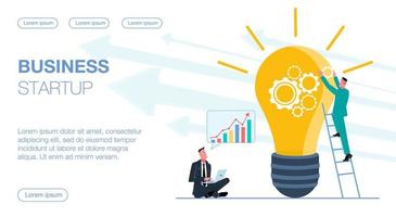 a team of businessmen create a new idea, a man assembles a light bulb from springs, his colleague sits with a laptop and analyzes a growth chart flat vector illustration