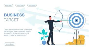 A businessman shoots an arrow at his business target with gold coins in the background flat vector illustration