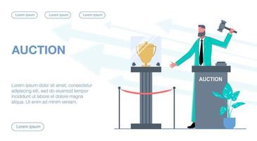 A businessman conducts an auction, and there is a trophy on a pedestal nearby flat vector illustration