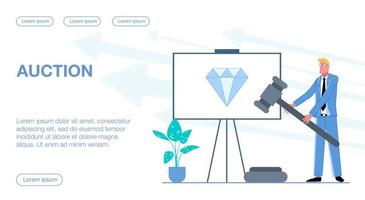 A businessman holds an auction, with a diamond lot next to it flat vector illustration