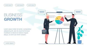 businessman and businesswoman discuss business growth  development strategy, there is a diagram on the board, analysis flat vector illustration