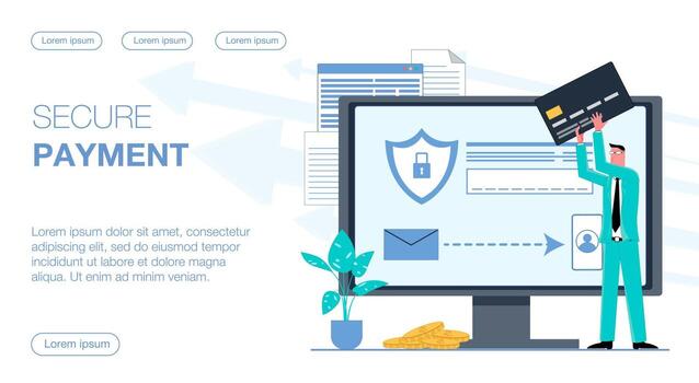 businessman conducts secure payment from computer with card and sms verification flat vector illustration