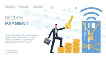 A businessman climbs the steps of gold coins and holds the key to open the lock on the card, which symbolizes a secure payment flat vector illustration