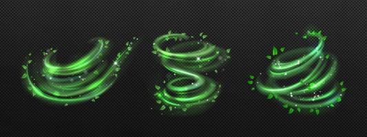 Fresh wind swirls with green leaves and sparkles vector