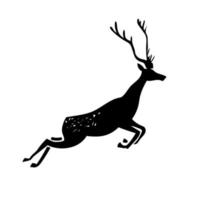 Black-white silhouette. Drawing of a running deer, cave painting. vector