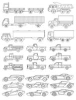 A large set of cars drawn in a linear style. Vector illustration.