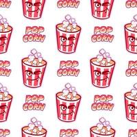 Multicolored pattern of cups with popcorn for the holiday on a white background. For printing and decoration of the holiday menu. Vector illustration.