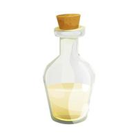 Vinegar in glass bottle with cork in cartoon style isolated on white background. Apple, wine liquid, dressing. Vector illustration