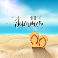 diseño de viajes de playa de verano. sol con arena y sandalias vector
