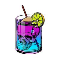 Death cocktail with skull and neon drink drawn in pop art style. Vector illustration.