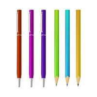 Set of multi-colored pencils and pens on a white background. Realistic style vector