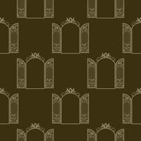 Pattern of forged openwork golden gates in vintage style on a brown background. Vector illustration.