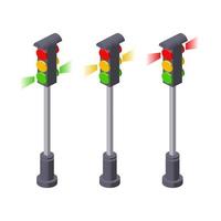 Set of traffic lights in isometric style for print and design. Vector illustration.