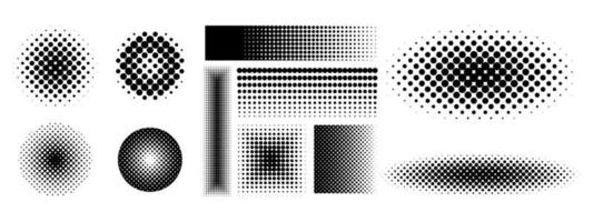 Set of halftone dots of rectangular, oval, round, square shape isolated on white background. For Pop Art. Previous illustration. vector