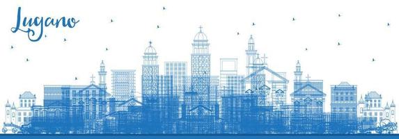 Outline Lugano Switzerland Skyline with Blue Buildings. vector