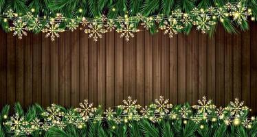 Fir Branch with Neon Lights and Golden Garland with Snowflakes on Wooden Background. vector