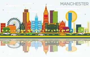 Manchester Skyline with Color Buildings, Blue Sky and Reflections. vector