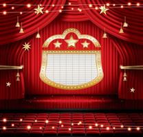 Red Stage Curtain with Seats and Spotlights. Vector illustration. Theater, Opera or Cinema Scene. Light on a Floor.