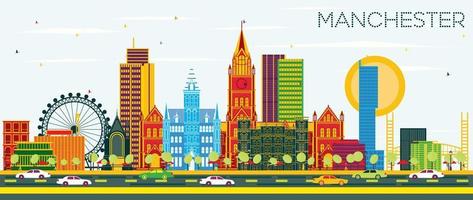 Manchester Skyline with Color Buildings and Blue Sky. vector