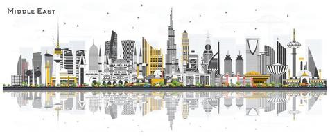 Middle East City Skyline with Color Buildings and Reflections Isolated on White. vector