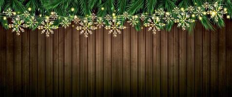 Fir Branch with Neon Lights and Golden Garland with Snowflakes on Wooden Background. vector