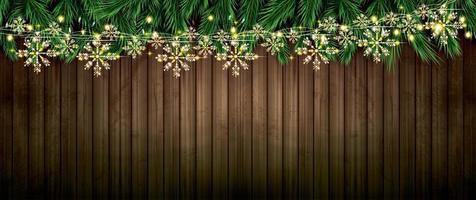 Fir Branch with Neon Lights and Golden Garland with Snowflakes on Wooden Background. vector