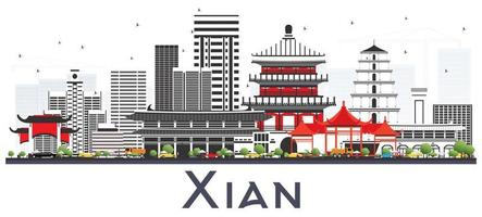 Xian China Skyline with Color Buildings Isolated on White. vector