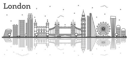 Outline London England City Skyline with Modern Buildings and Reflections Isolated on White. vector