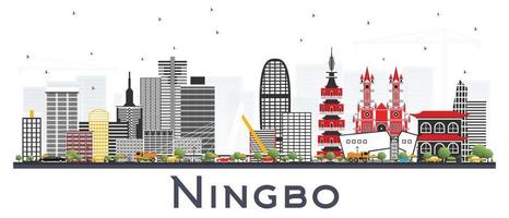 horizonte de la ciudad de ningbo china con edificios de color aislados en blanco. vector