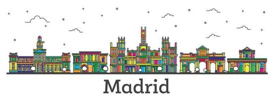 Outline Madrid Spain City Skyline with Color Buildings Isolated on White. vector