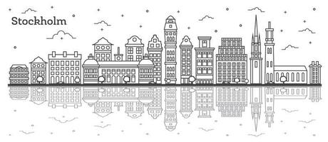 Outline Stockholm Sweden City Skyline with Historic Buildings and Reflections Isolated on White. vector