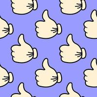 Pattern of hands showing thumbs up on a blue background in the style of pop art for print and design. Vector illustration.