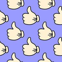 Pattern of hands showing thumbs up on a blue background in the style of pop art for print and design. Vector illustration.