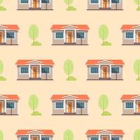 Pattern of houses, trees and bushes on a yellow background in cartoon style for print and design. Vector illustration.