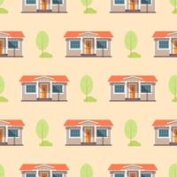 Pattern of houses, trees and bushes on a yellow background in cartoon style for print and design. Vector illustration.