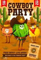 Western kids party flyer, cartoon fruit cowboys vector