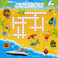 Cartoon fruits characters, summer beach crossword vector