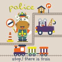 cow the police on the street funny animal cartoon vector