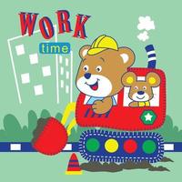 bear and mouse on a digger funny animal cartoon vector