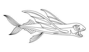 Flying fish in a linear style for printing and coloring. Vector illustration.