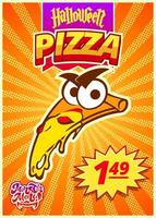 Monster menu with pizza. Vertical banner with price tag for Fast food cafe for Halloween day. Vector illustration.