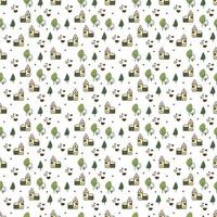Forest and building pattern. Seamless pattern with cute trees, houses and hearts. Doodle cartoon color vector illustration.