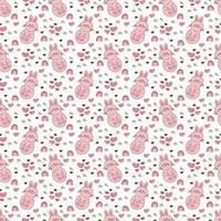 Rabbit pattern1. Seamless pattern with cute rabbits, hearts and rainbows. Doodle cartoon color vector illustration.